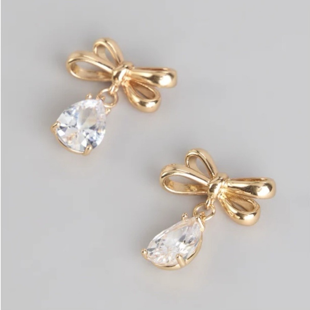House of Harlow 1960 Chic Gold Bow Drop Earrings w/ White Cubic Zirconia Stone - Picture 3 of 4